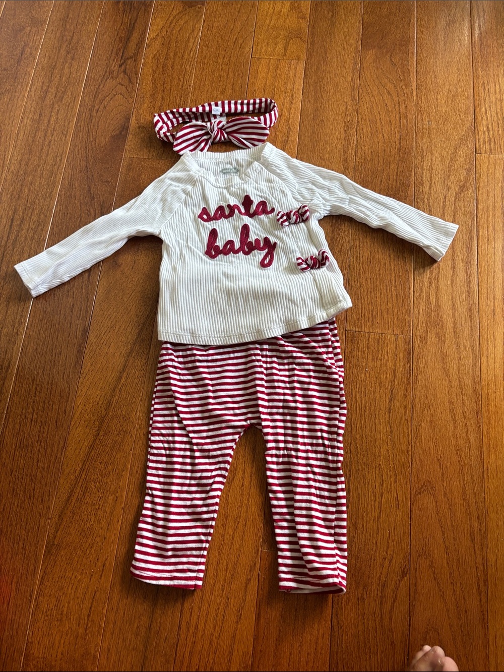Mud Pie Red & White Striped “Santa Baby” Kids Pajama Set with Headband